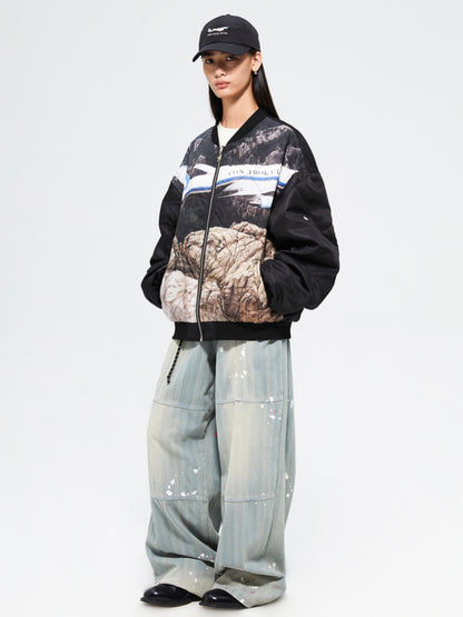 Splattered Wash Stripe Texture Workwear Denim Pants