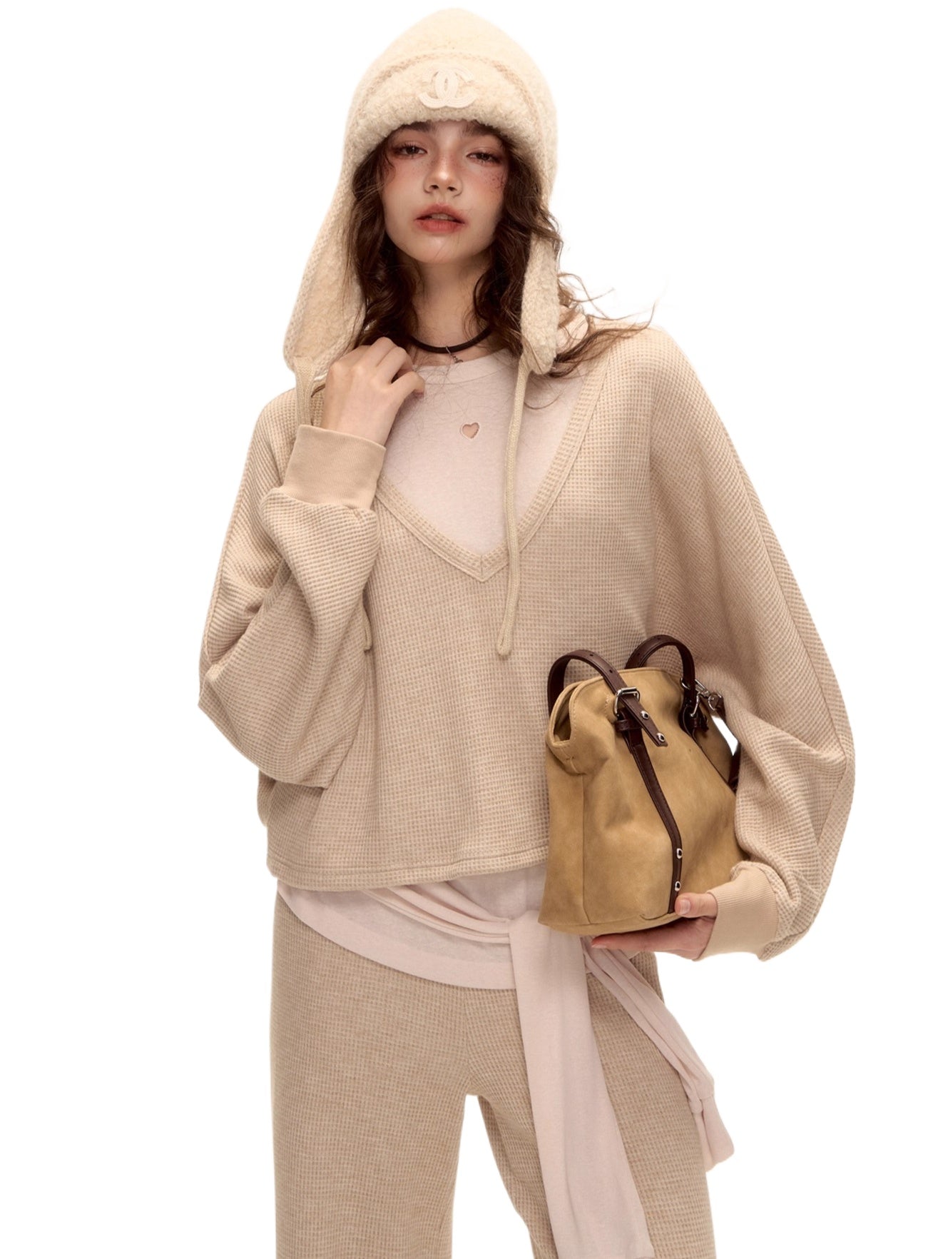 Waffle Knit V-Neck Pullover &amp; Tank Top &amp; Wide-Leg Pants Set