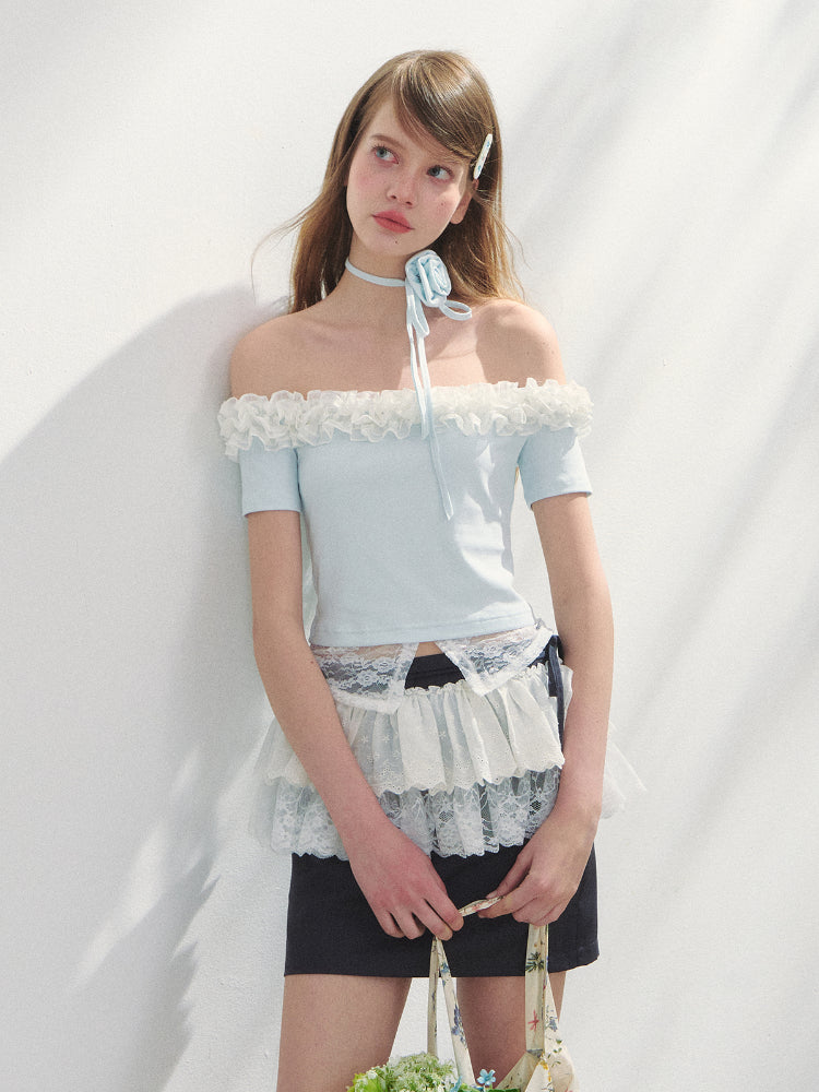 Off-Shoulder Irregular 3D Floral T-Shirt