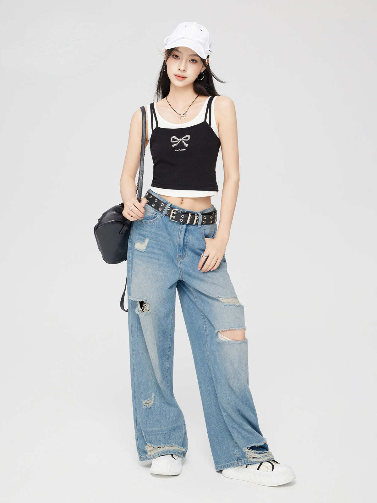 Blue Perforated Jeans Wide-leg Pants - CHINASQUAD