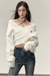 Grey & White Off-shoulder Knitted Wool Sweater - CHINASQUAD