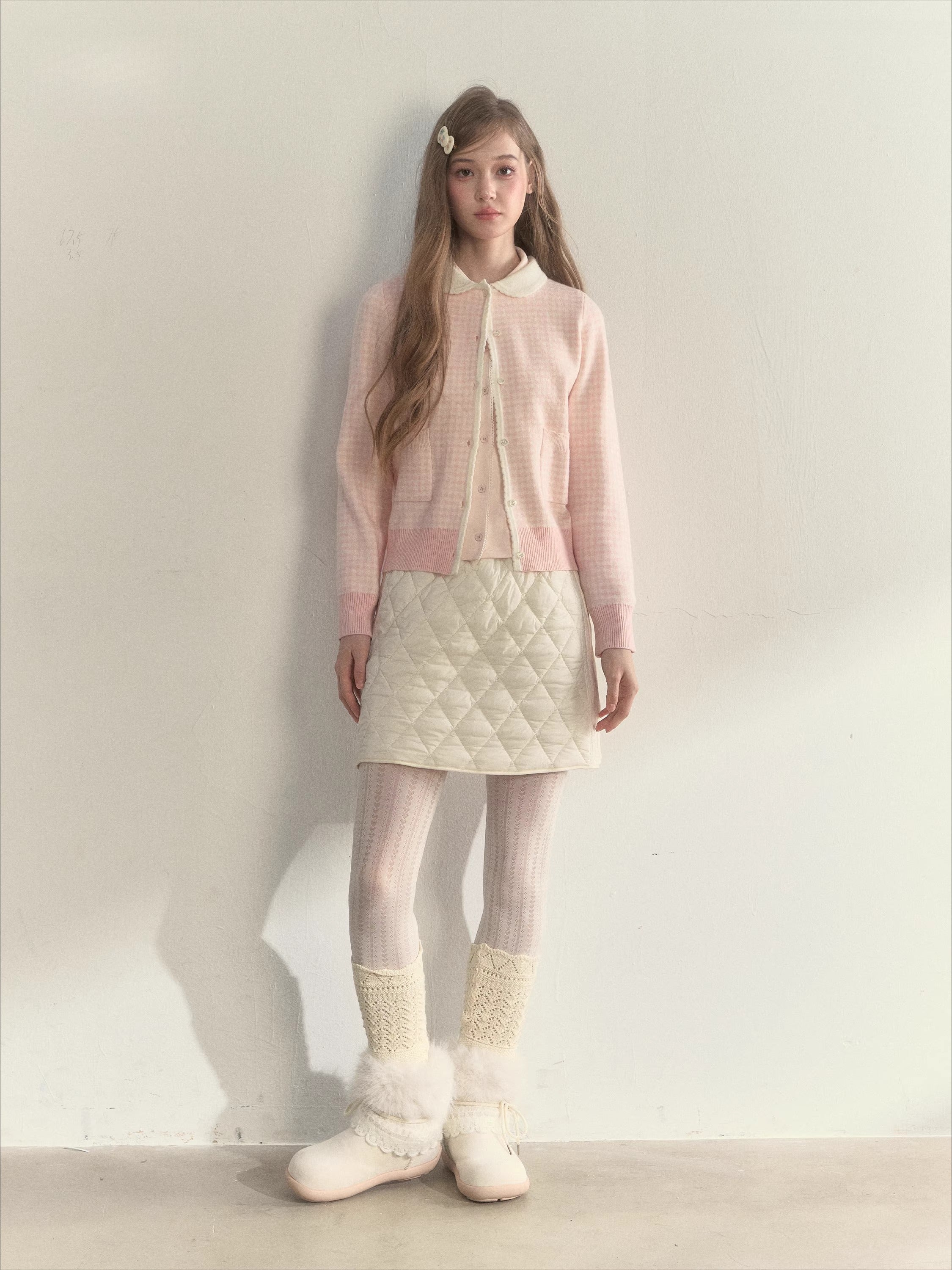 Sweet Pink Gingham Doll Collar Knit Cardigan