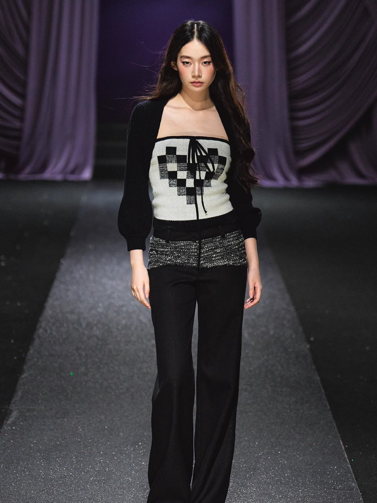 Contrast Waistband Tweed-Panel Straight Pants