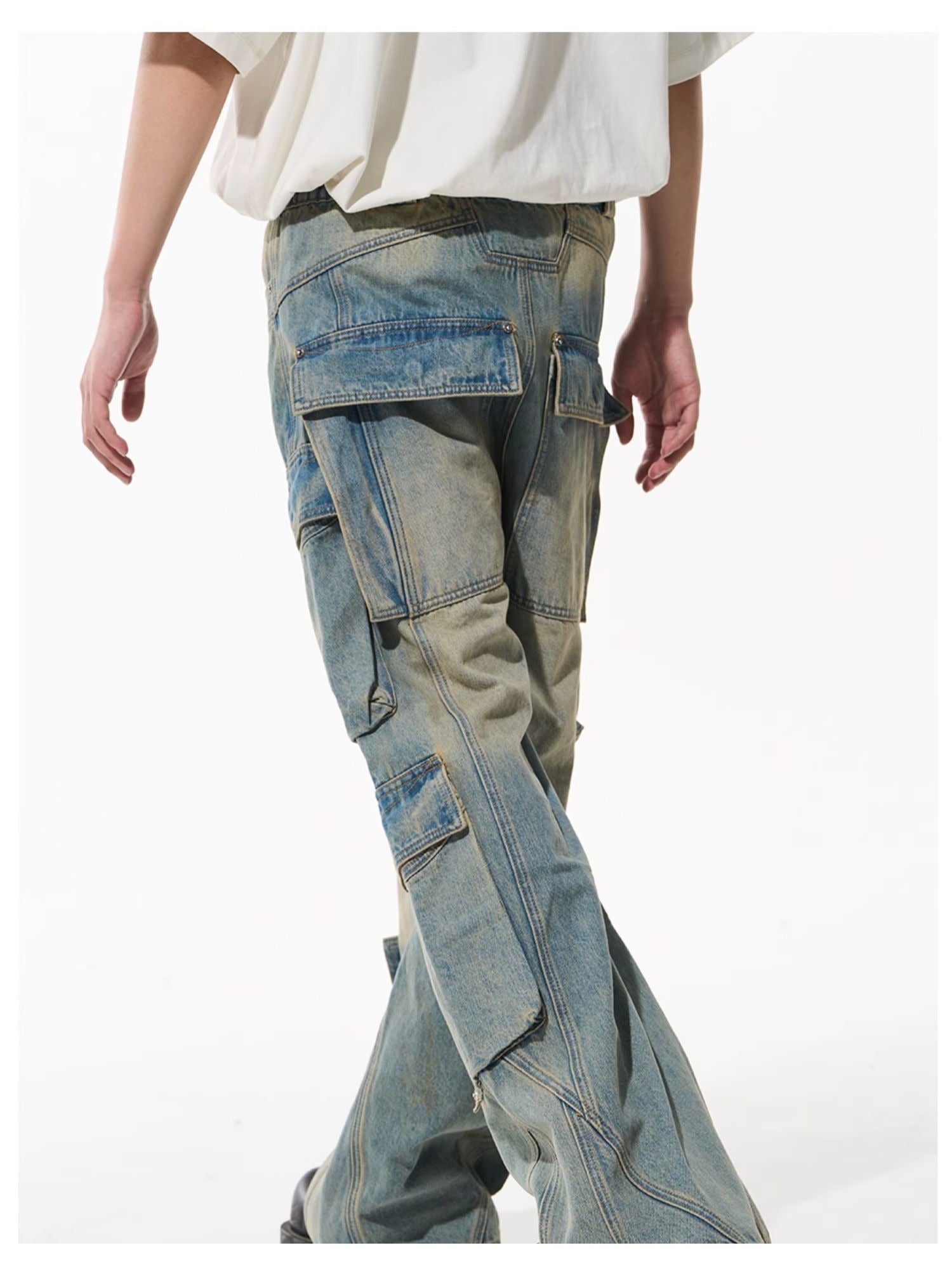 Washed Pocket-Panel Straight-Leg Denim Cargo Pants
