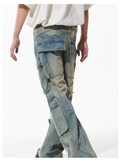 Washed Pocket-Panel Straight-Leg Denim Cargo Pants