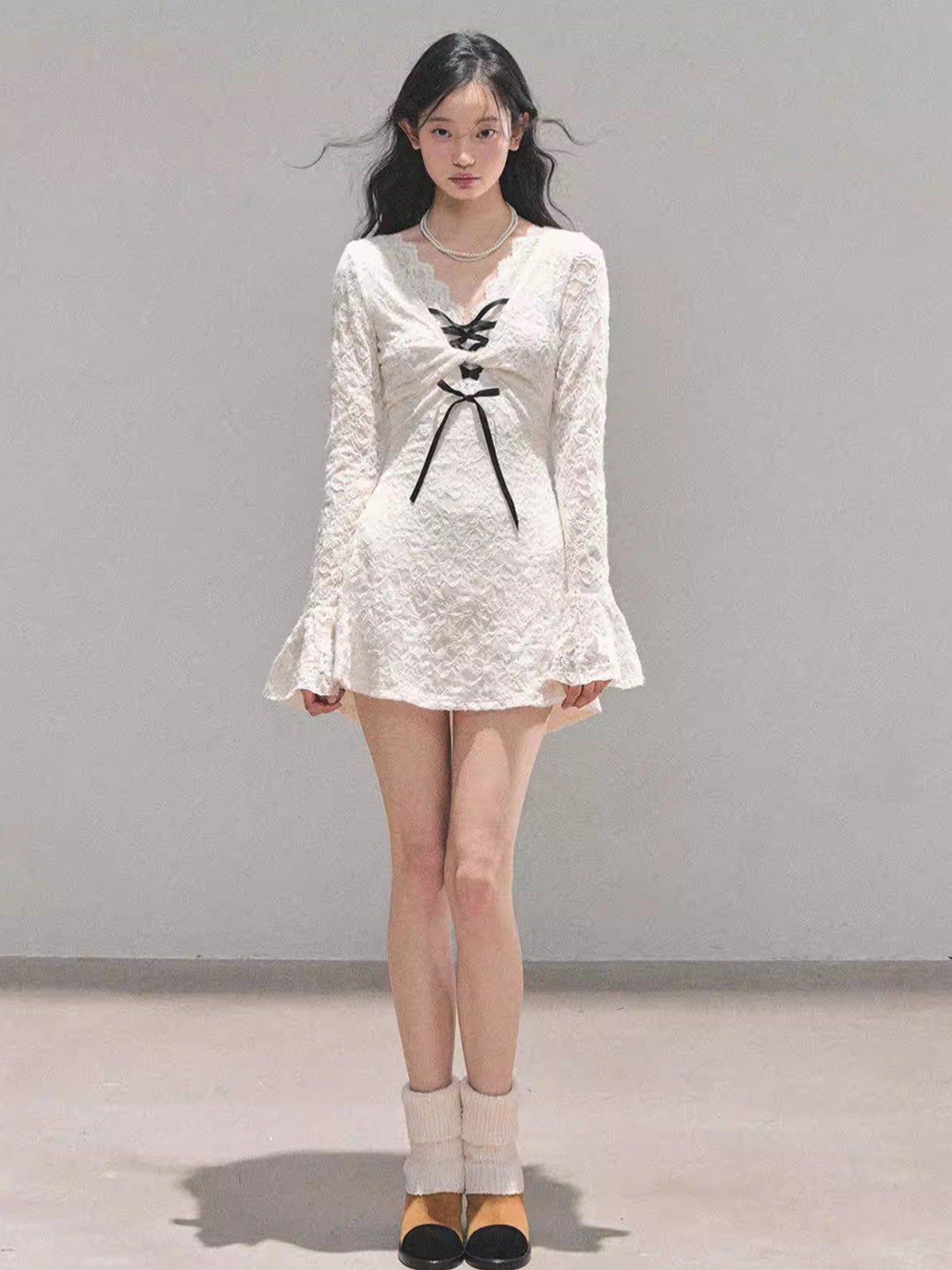 Lace Puff-Skirt V-Neck Mini Dress