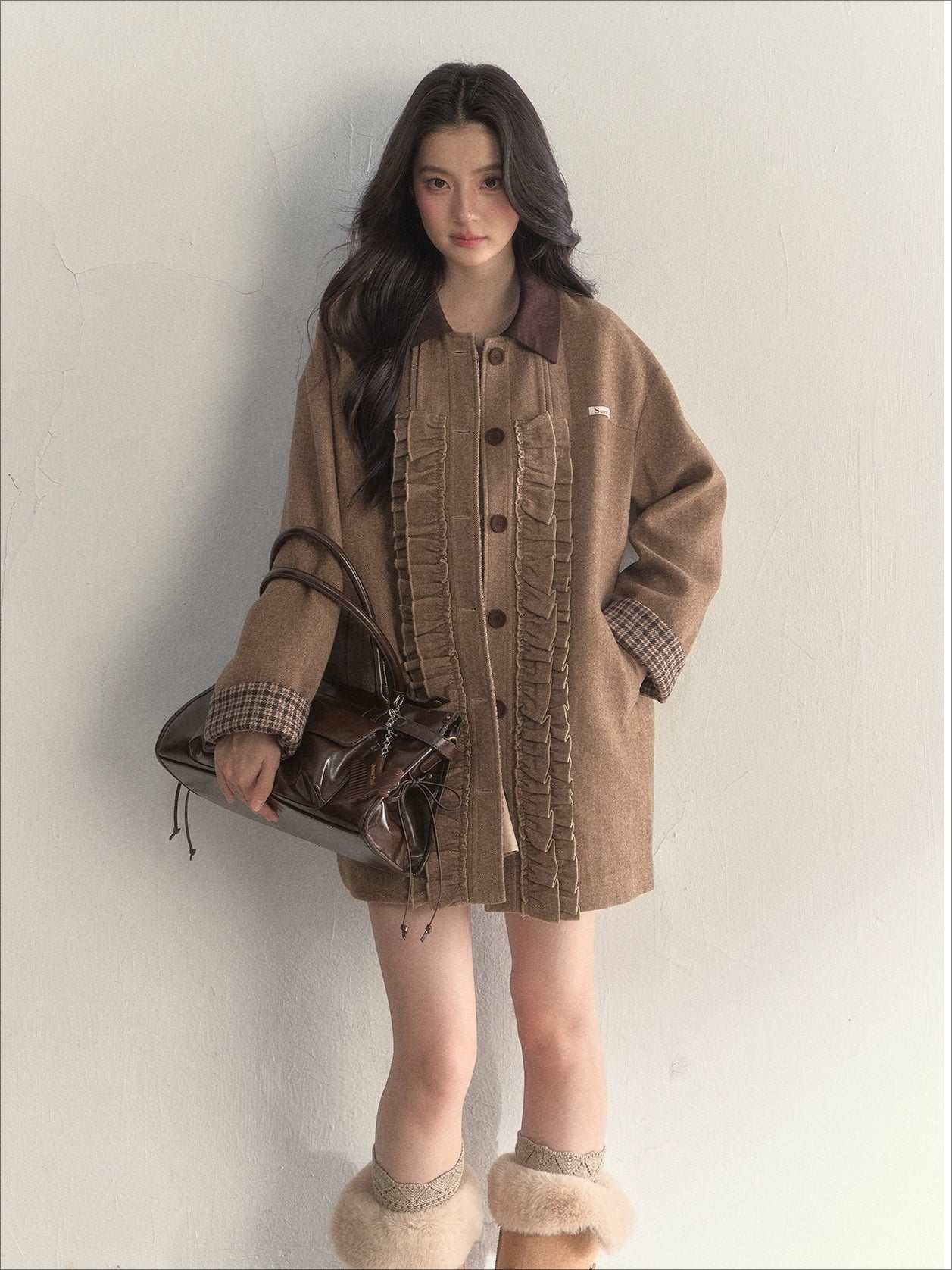 Vintage Khaki Wool Blend Ruffle-Trim Coat