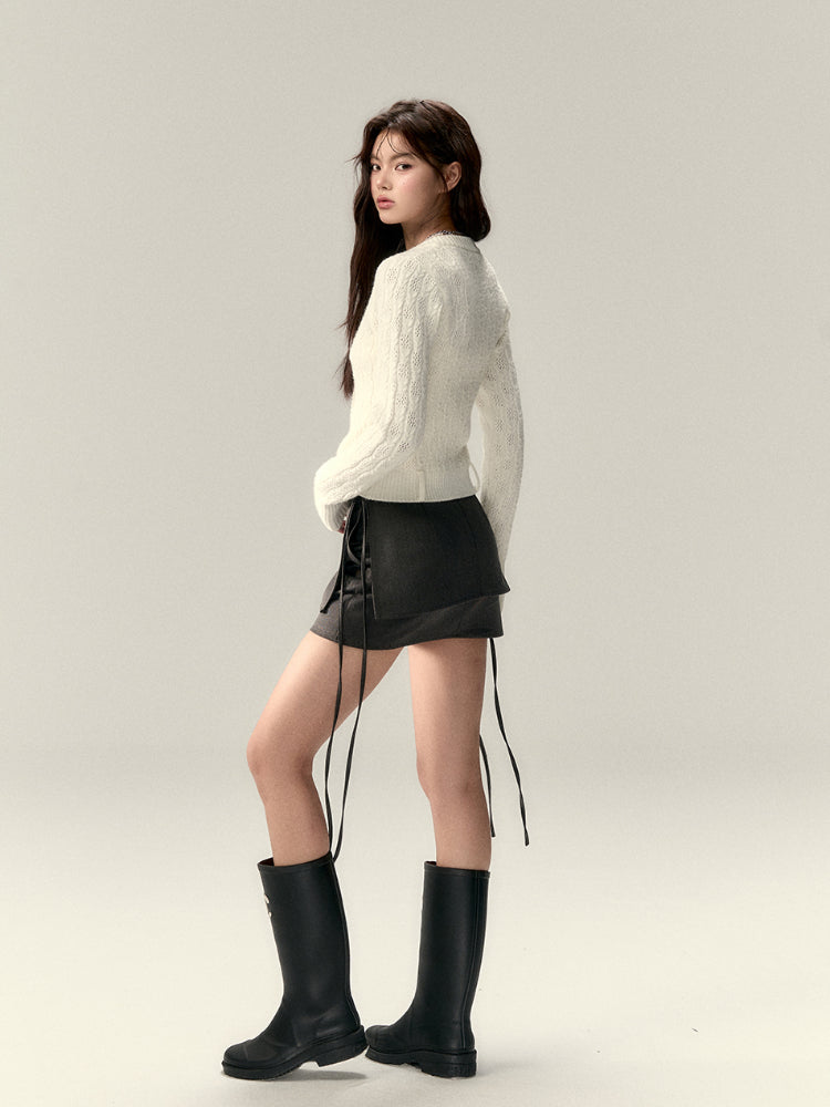 Belted Hollow Out Knit Sweater