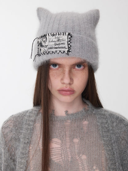 Hand-Stitched Cat-Ear Angora Knit Beanie