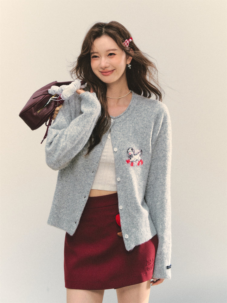 Crew Neck Dalmatian Jacquard Knit Cardigan - CHINASQUAD