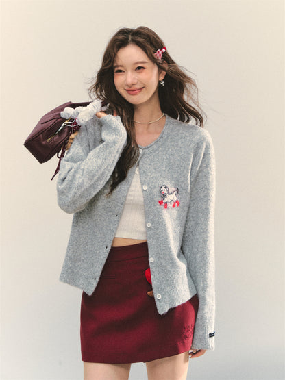 Crew Neck Dalmatian Jacquard Knit Cardigan - CHINASQUAD