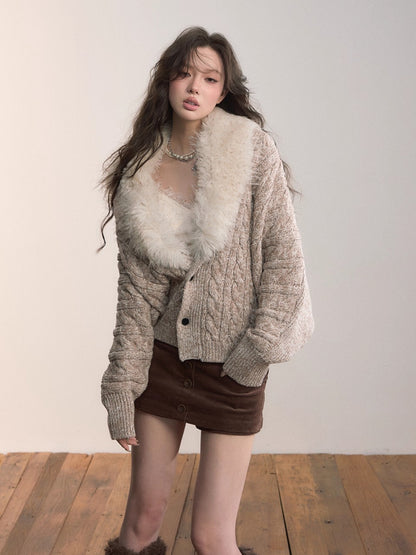 Detachable Faux Fur Collar Knit Cardigan