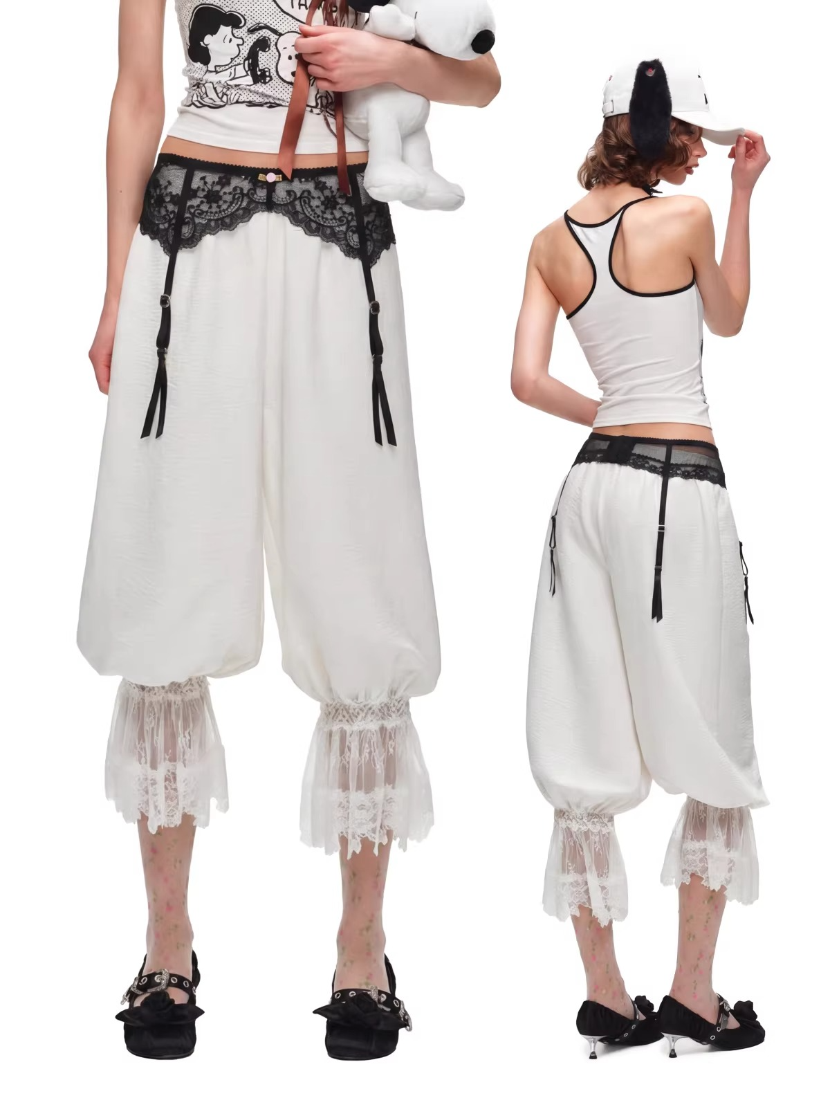 Lace-Trim Relaxed Cropped Balloon Pants