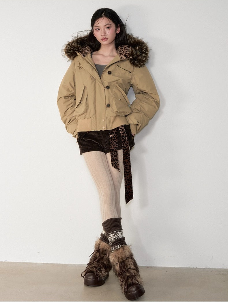 Studded Faux Fur Collar Bomber Down Jacket