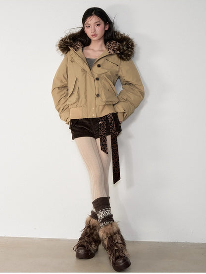 Studded Faux Fur Collar Bomber Down Jacket