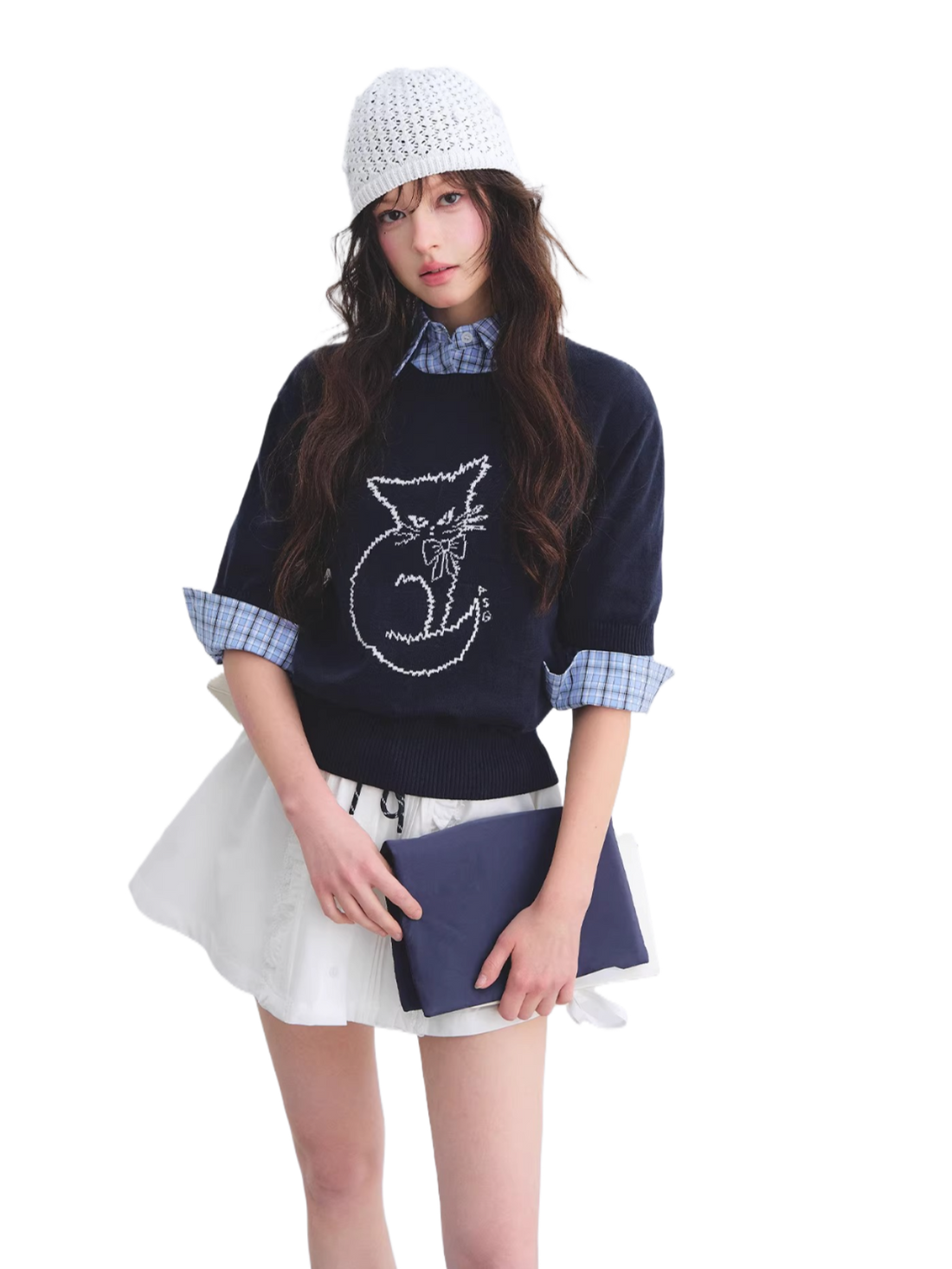 Jacquard Cat Motif Short Sleeve Knit Top