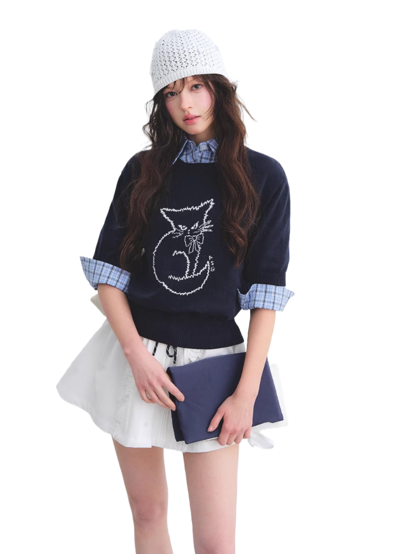 Jacquard Cat Motif Short Sleeve Knit Top