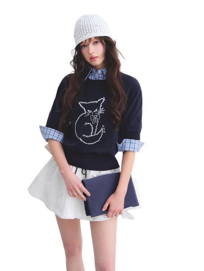 Jacquard Cat Motif Short Sleeve Knit Top
