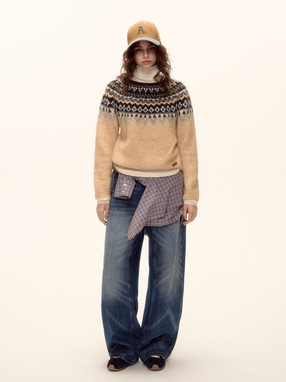 Vintage Washed Distressed Wide-Leg Jeans