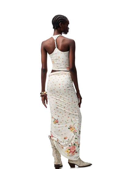 Floral All-Over Printed Big Round Neck Knotted Tank Top - CHINASQUAD
