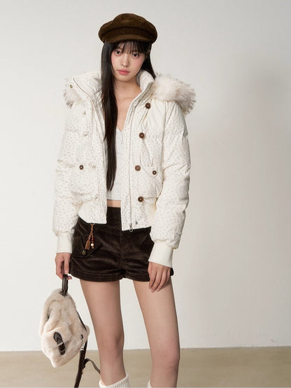 Fuzzy Plaid Down Faux Fur Collar Jacket