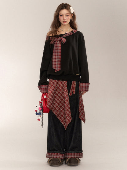 Plaid Patchwork Bow Sweatshirt