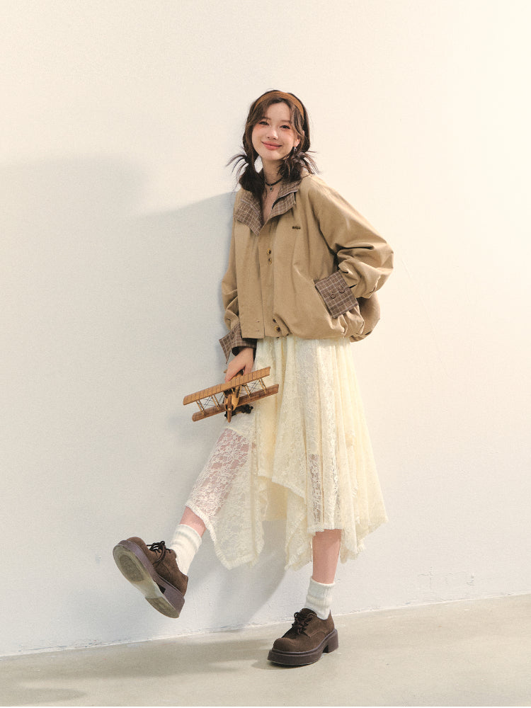 Beige Lace Irregular Hem Midi Skirt - CHINASQUAD