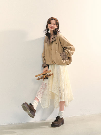 Beige Lace Irregular Hem Midi Skirt - CHINASQUAD