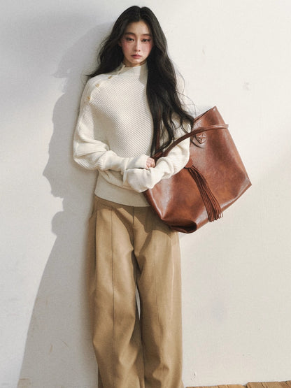 Asymmetric Buttoned White Knit Sweater
