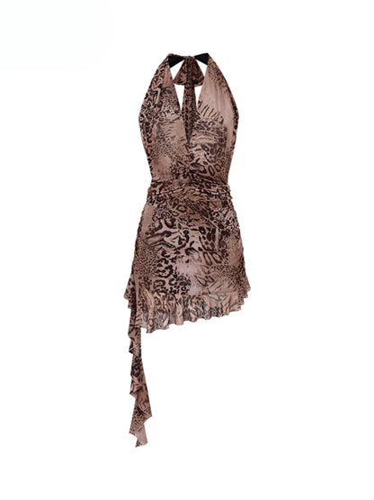 Halter Leopard Print Gathered-Waist Sleeveless Dress