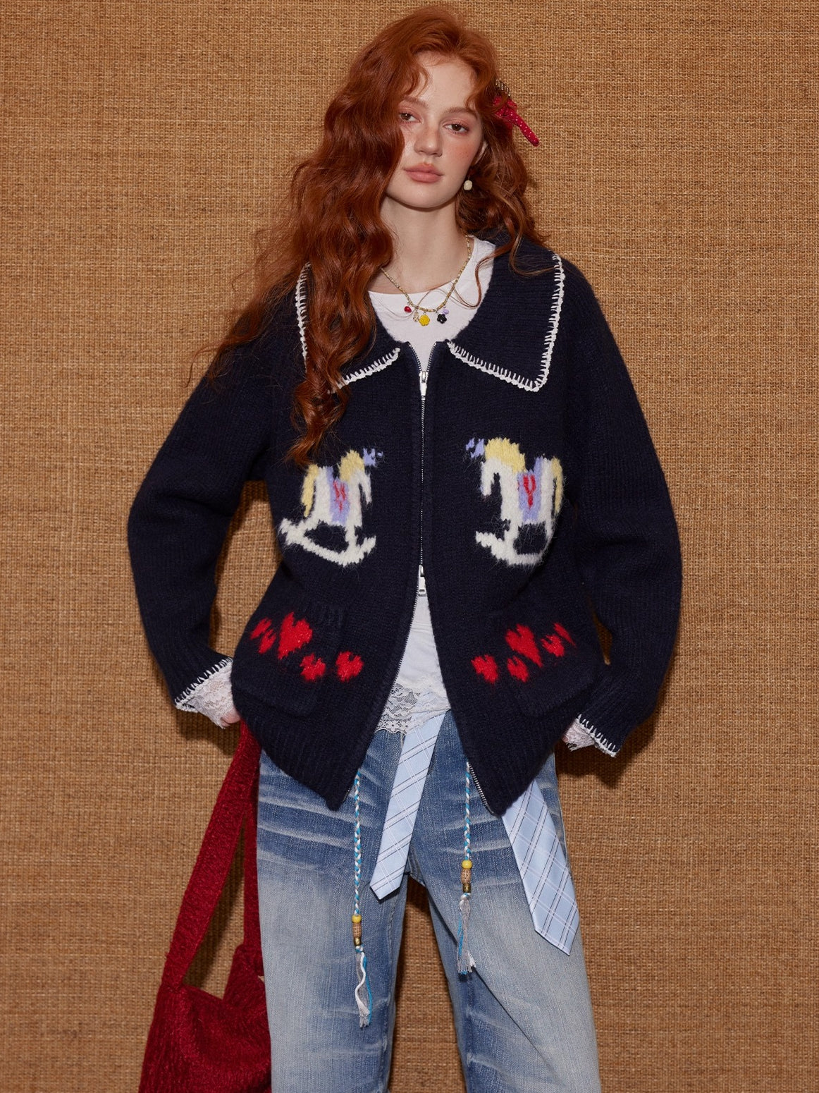 Contrast-Trim Pony Jacquard Zip-Up Knit Cardigan