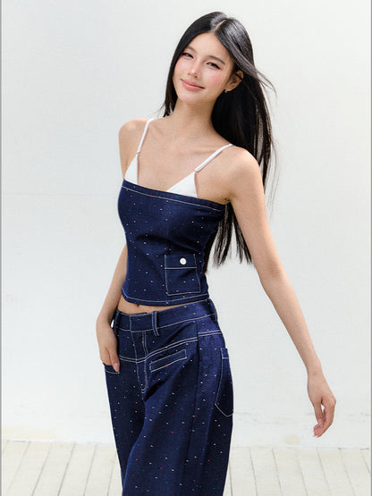 Fake Two-Piece Rhinestone Halter Top &amp; Pant Set - CHINASQUAD