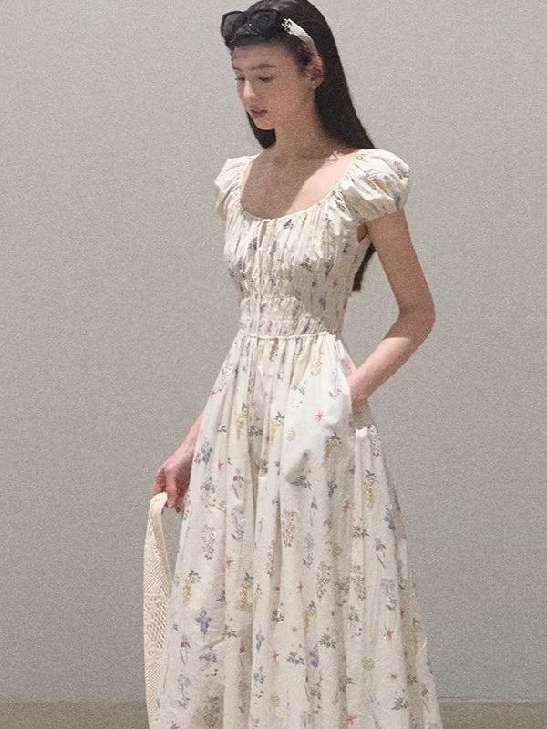 Botanical Graffiti Cotton Ruched Tie Dress