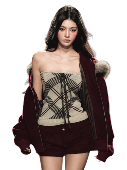 Wool-Blend Heart Yarn Cropped Knit Tube Top