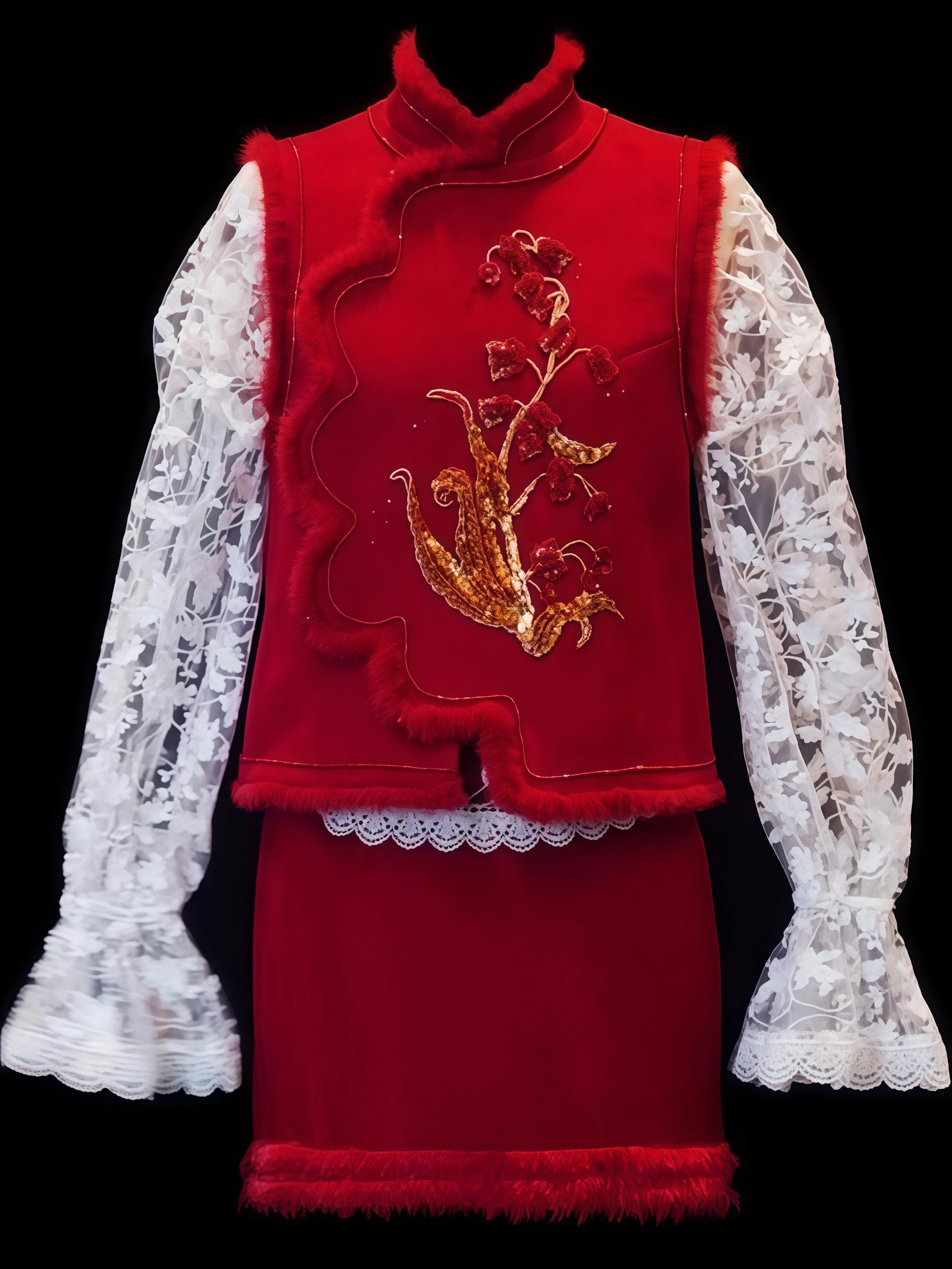 Crimson Embroidered Vest Lace Blouse Set