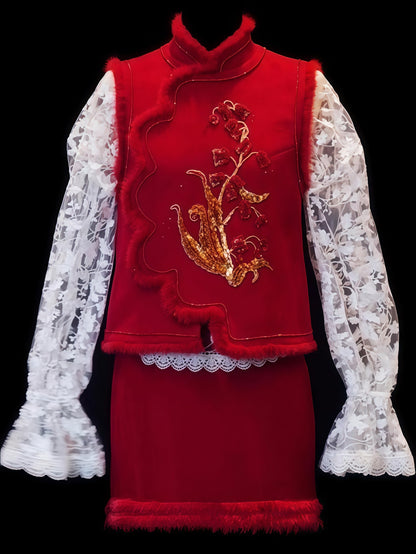 Crimson Embroidered Vest Lace Blouse Set