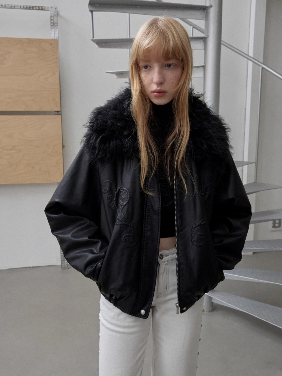 Embossed Faux Leather Puffer Detachable Fur Collar Jacket