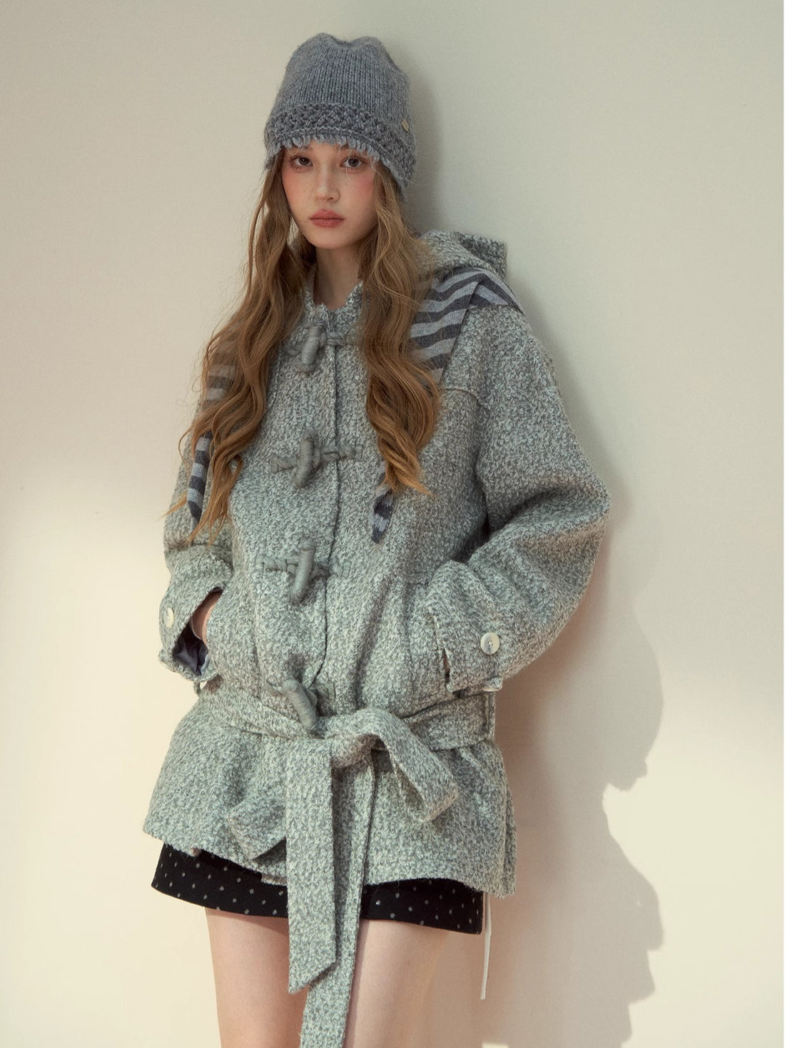 Light Grey Wool-Blend Toggle Belted Coat