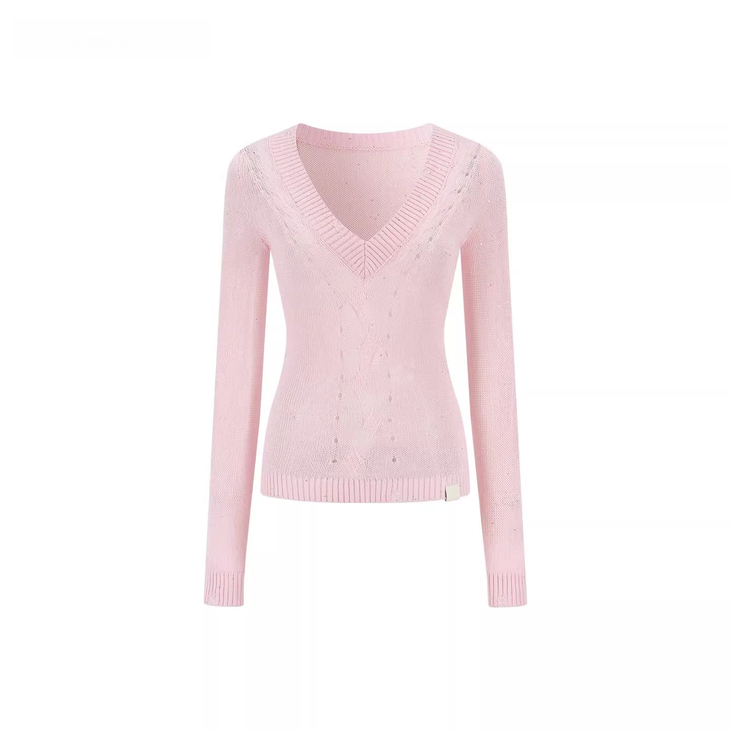 Distressed Openwork V-Neck Knit Top