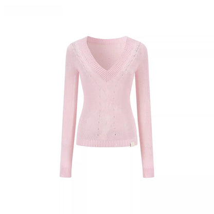 Distressed Openwork V-Neck Knit Top