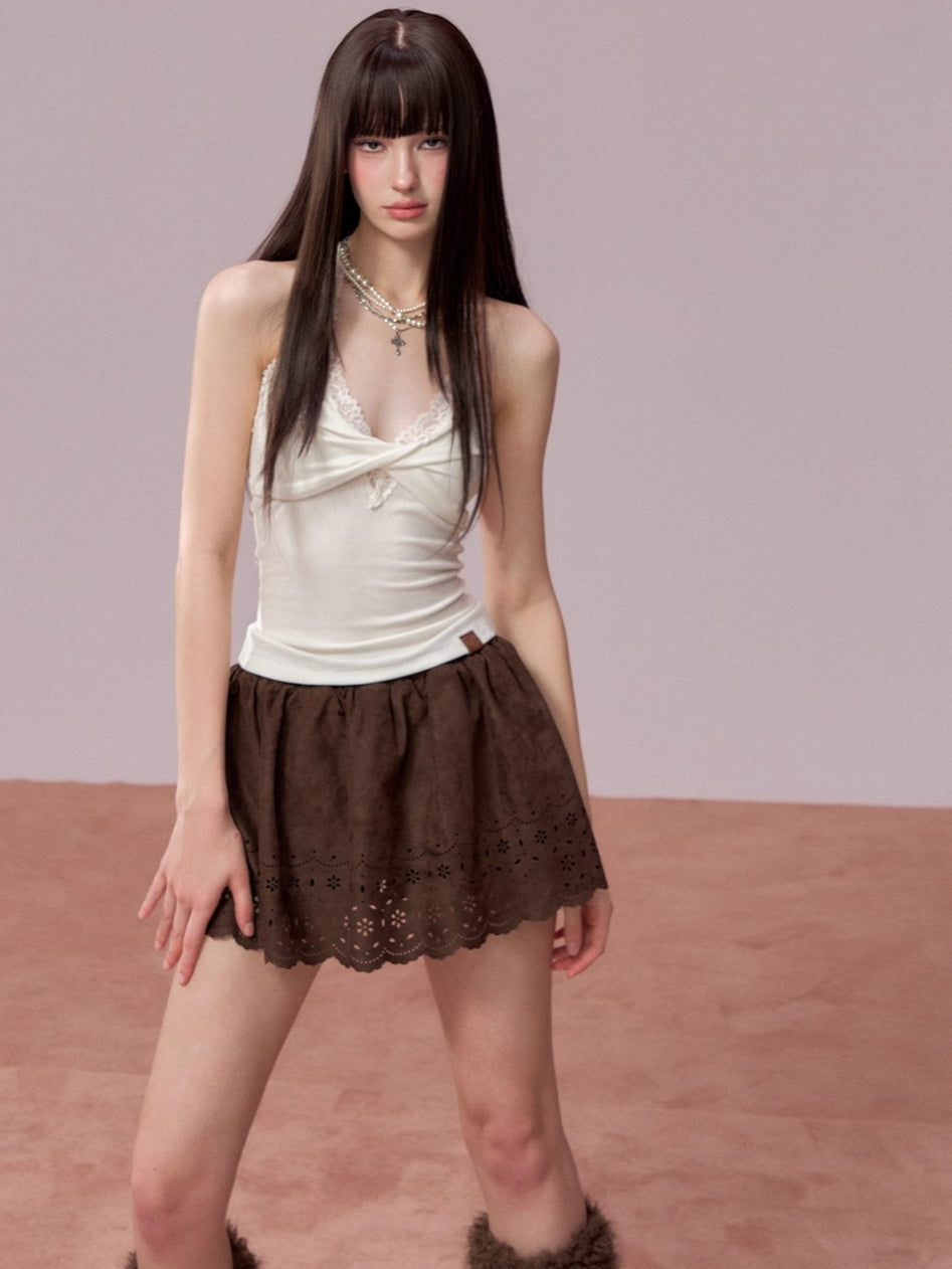 Suede-Touch Embroidered Mini Skirt