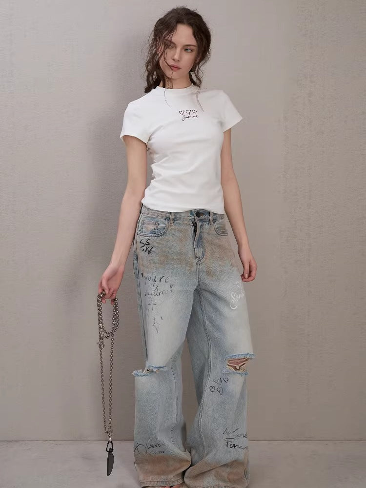 Graffiti Spray-Wash Wide-Leg Denim Jeans