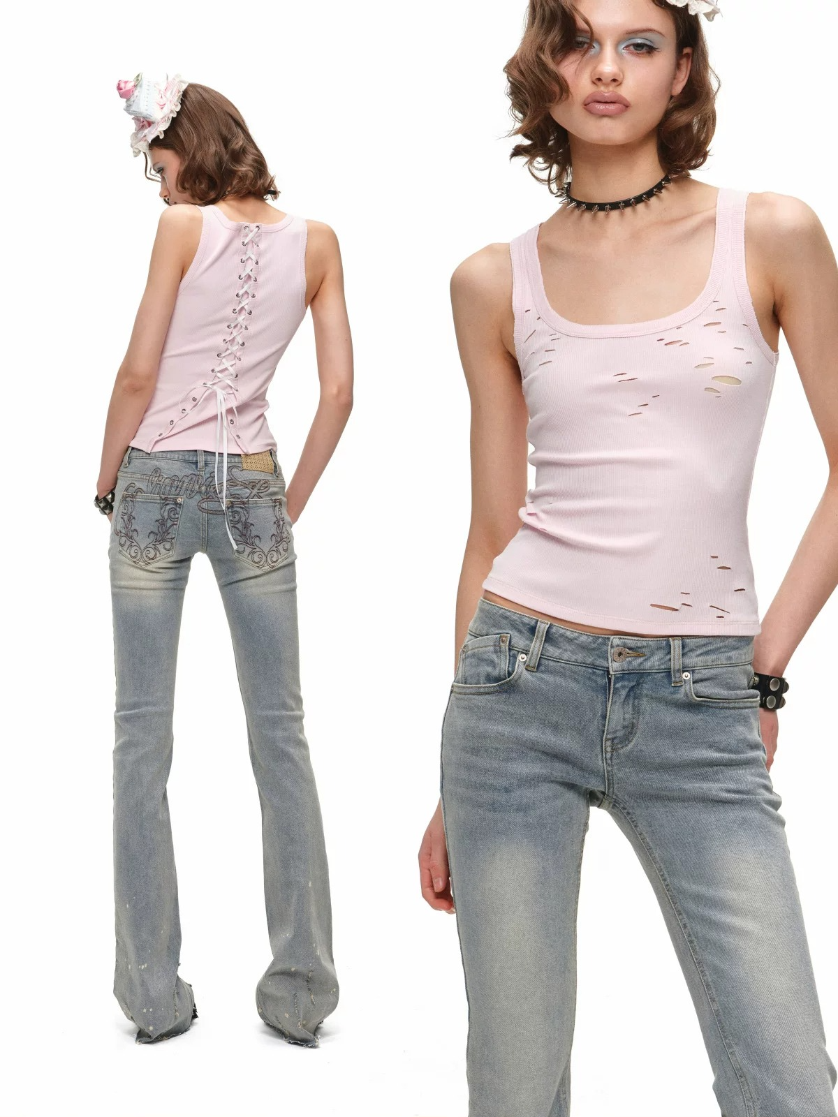 Distressed Lace-Up U-Neck Knit Tank Top 1Jinn Studio