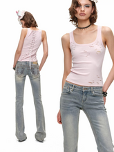 Distressed Lace-Up U-Neck Knit Tank Top 1Jinn Studio