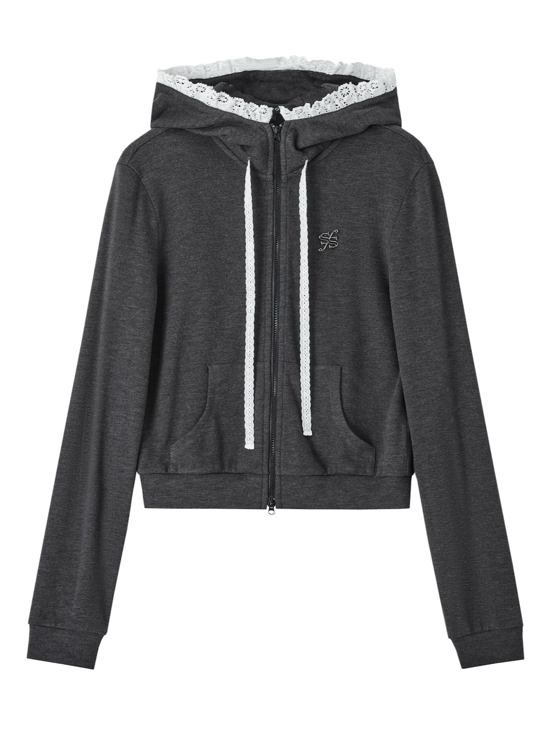 Lace Trim Tie Double Zipper Hoodie