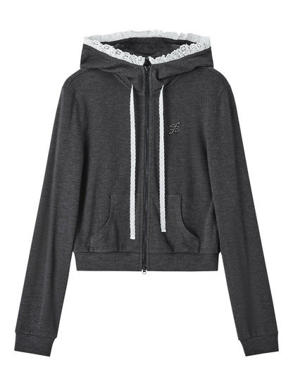 Lace Trim Tie Double Zipper Hoodie