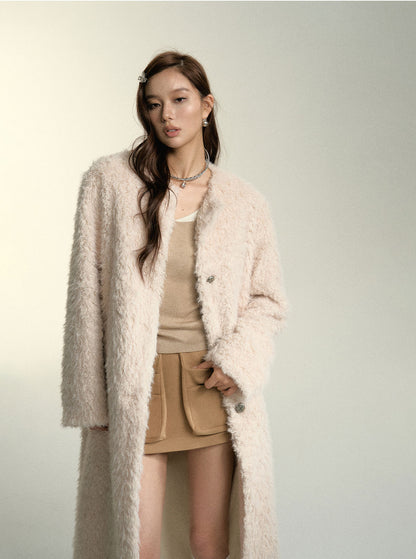 Khaki &amp; Milk White Long Suede Fur Coat - CHINASQUAD