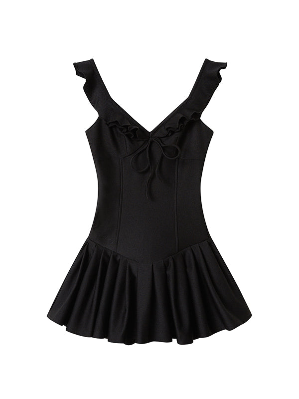 High Elastic Ruffled Waist Skater Mini Dress