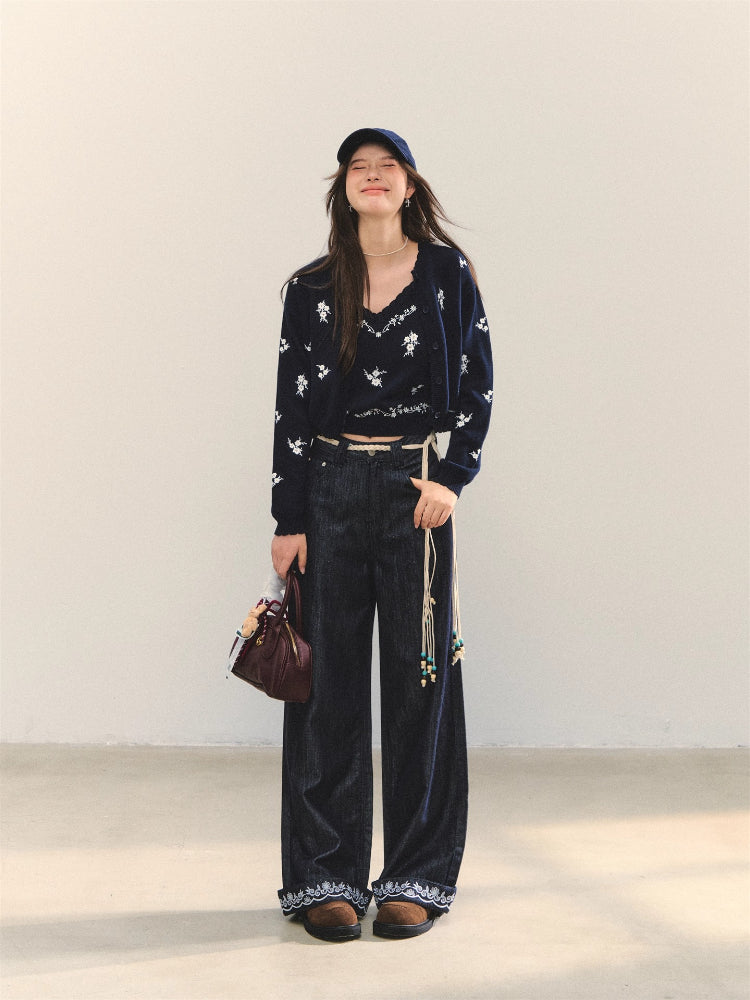 Embroidered Belt High-Waist Straight Pants