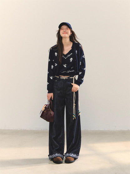Embroidered Belt High-Waist Straight Pants
